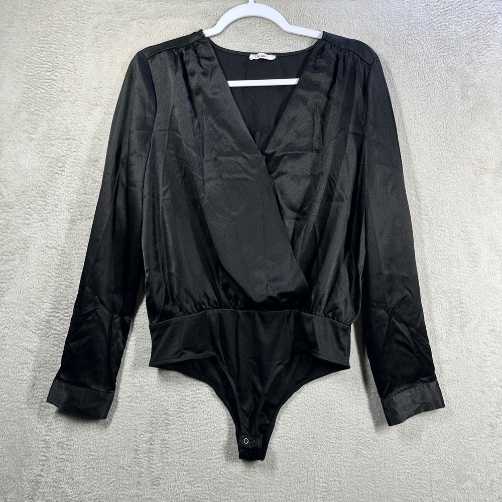 Mi Ami Bodysuit Womens L Black Satin Wrap V-Neck Long Sleeve Francescas